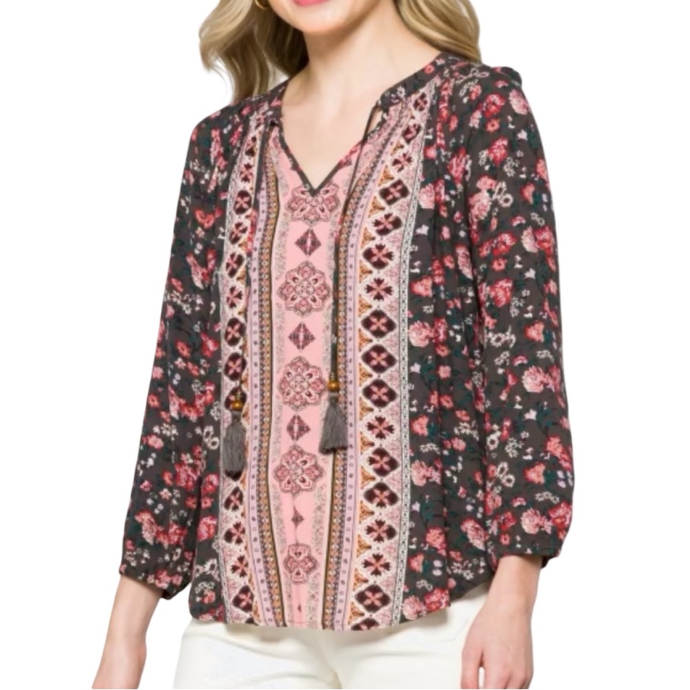 Mason & Belle Women's Pink Black Floral Boho Peasant Tassel Tie Blouse Top Large